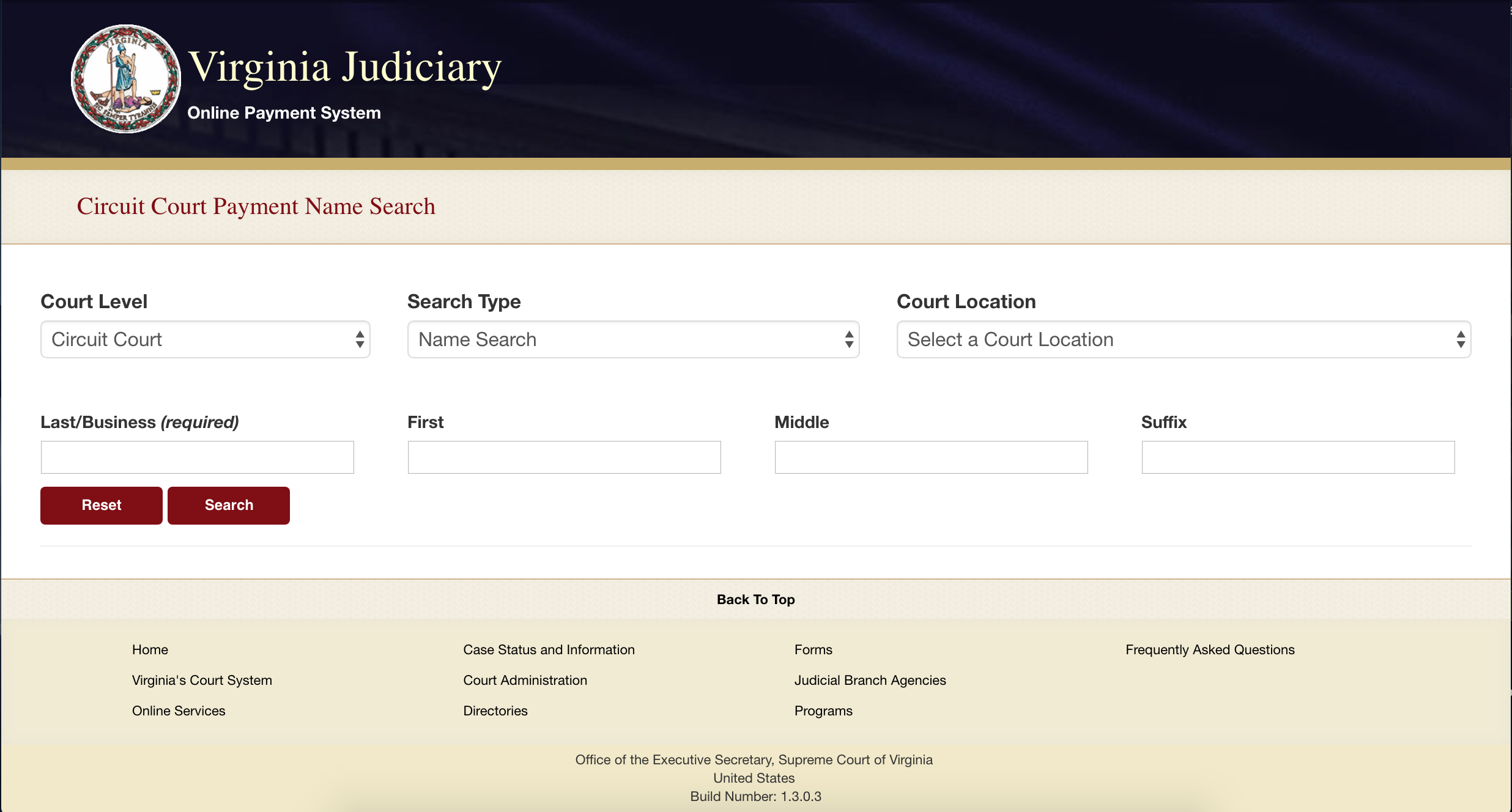 Supreme Court of Virginia Payment Processing website screenshot